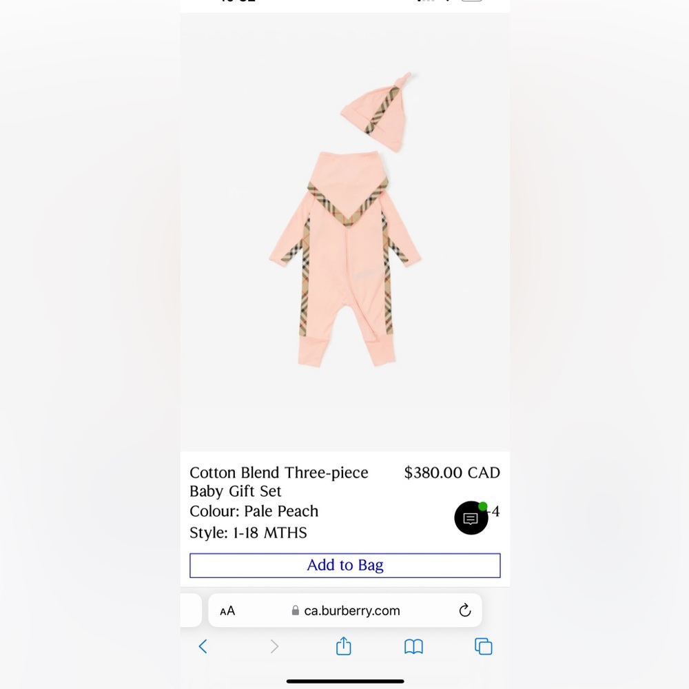Brand new, never worn, tags on pale pink Burberry onesie + scarf and hat.